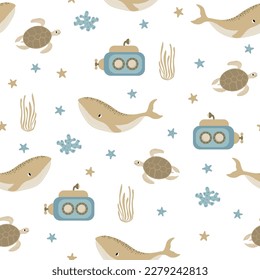 Vector seamless pattern with whale, submarine, turtle, starfish, algae.Underwater cartoon creatures.Marine background.Cute ocean pattern for fabric, childrens clothing,textiles,wrapping paper