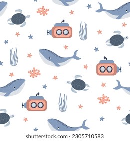 Vector seamless pattern with whale, submarine, turtle, starfish, algae.Underwater cartoon creatures.Marine background.Cute ocean pattern for fabric, childrens clothing,textiles,wrapping paper