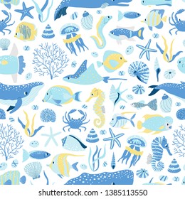 Vector seamless pattern of whale,fish, seahorse, starfish, coral sprigs and seashell on white background. Marine seamless pattern.