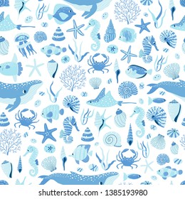 Vector seamless pattern of whale,fish, seahorse, starfish, coral sprigs and seashell. Marine seamless pattern.