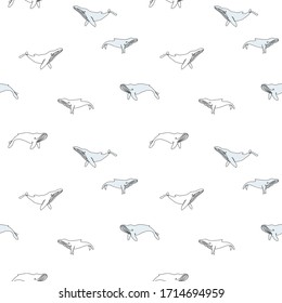 Vector seamless pattern with whales. Blue whale, humpback whale. One continuous line mammal. Perfect for print, poster, textile, wrapping paper