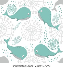 Vector seamless pattern with whales and fantasy patterns in flat style. Childish nautical seamless pattern