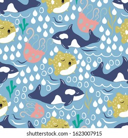 vector seamless pattern with whales, jellyfish and ballon fish