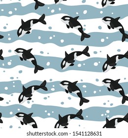 Vector seamless pattern with whales. Killer whale pattern. Undersea world. Marine life.