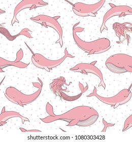 Vector seamless pattern with whales, mermaids, narwhals and dolphins on the dotted pink background. Hand drawn sea creatures, sirens and marine life.