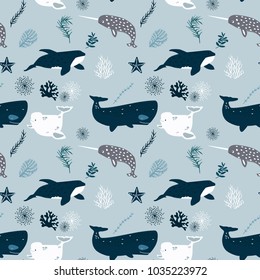 Vector seamless pattern with whales. Repeated texture with marine mammals. Sea background with animals.