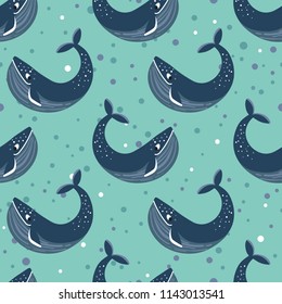 Vector seamless pattern with whales. Repeated texture with marine mammals. Sea background with animals.