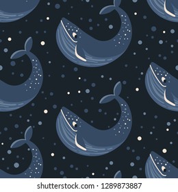 Vector seamless pattern with whales. Repeated texture with marine mammals. Sea background with animals.