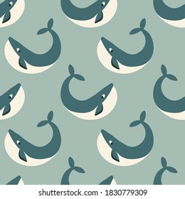 Vector seamless pattern with whales. Repeated texture with marine mammals. Sea background with animals.