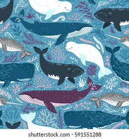 Vector seamless pattern with whales. Repeated texture with marine mammals. Sea background with animals.