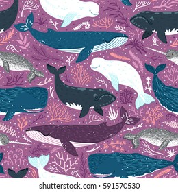 Vector seamless pattern with whales. Repeated texture with marine mammals. Sea background with animals.