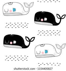 Vector seamless pattern with whales. Scandinavian motives. Baby print.