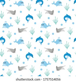 Vector seamless pattern of whales, stingrays and dolphins. svg