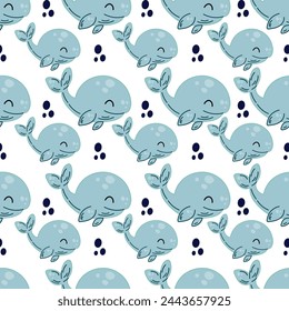 Vector seamless pattern with whales. Trendy pattern of whales for wrapping paper, wallpaper, stickers, notebook cover. Cute sea animals flat pattern