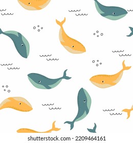 Patrón de vectores sin fisuras con la ballena.Criaturas de dibujos animados subacuáticos.Fondo marino.Patrón oceánico de tela, ropa infantil, textiles, papel envolvente