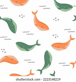 Vector seamless pattern with whale.Underwater cartoon creatures.Marine background.Cute ocean pattern for fabric, childrens clothing,textiles,wrapping paper