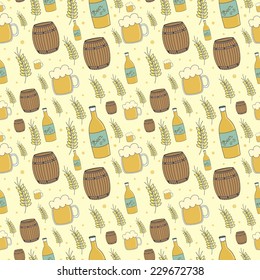 Vector seamless pattern with wheat, bottle of beer, glass of beer and wood
