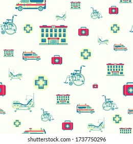 Vector seamless pattern with Wheelchair, ambulance car, bed transformer and hospital. Stylized drawing for your web site design, logo, app, UI. Isolated stock illustration