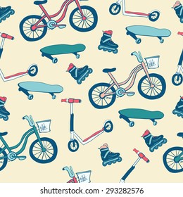 Vector seamless pattern Wheeled sports equipment. Pink, blue and green colors on light beige background. Bicycle, scooter, skateboard and rollers skates drawn in doodle style.