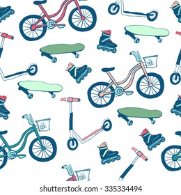 Vector seamless pattern Wheeled sports equipment. Pink, blue and green colors on white background. Cute elements drawn in doodle style.