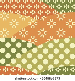 Vector seamless pattern with whimsical fields theme: orange and green heels with simple shapes yellow  foliage. Could be used as background, wallpaper, texture, print, card, paper