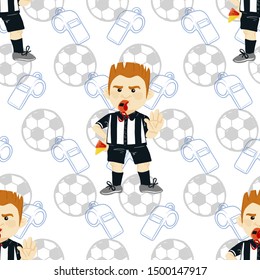 Vector seamless pattern. Whistling soccer referee showing stopping hand during match, human character and whistle and ball icon as background. Sport hand drawn cartoon, football arbitrator, sport team