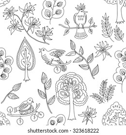 Vector seamless pattern whit birds, flowers and trees. 