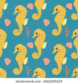 Vector Seamless Pattern whit Seahorse. Yellow Thorny Hippocampus and Red Coral Isolated on blue Background. Use for Sea Wallpaper, Gift Wrap or Wrapping Paper