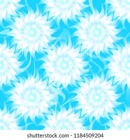 Vector seamless pattern with white abstract tender flower with glare on the blue background.