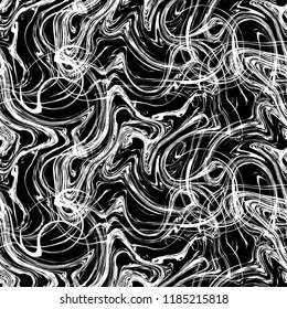 Vector seamless pattern with white abstract grunge chaotic ornament made of twirl splash of paint on the black background.