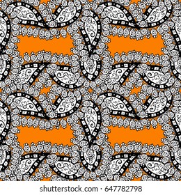 Vector seamless pattern with white antique floral medieval decorative, leaves and white pattern ornaments on orange background. Seamless royal luxury white baroque damask vintage.