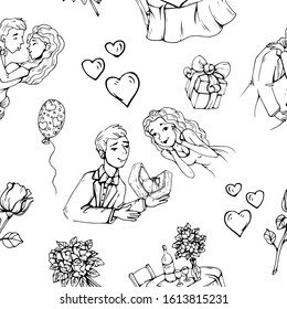 Vector. Seamless pattern. White background.
Happy Valentine's Day concept.
Hand drawn elements about love.
