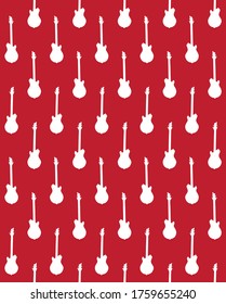 Vector seamless pattern of white bass electric guitar silhouette isolated on red background