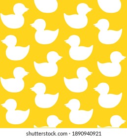 Vector seamless pattern of white bath duck toy silhouette isolated on yellow background