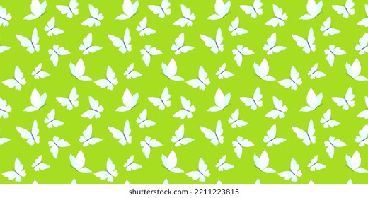 Vector seamless pattern with white beautiful butterfly on green color background. Colorful design of seamless pattern with different butterfly for web, banner, print, textile, greeting card