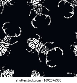 
Vector seamless pattern of white beetles on a black background. Pattern for printing on textiles, paper, packaging, wallpaper.