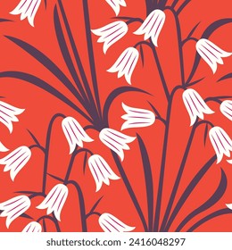 Vector seamless pattern with white bell flowers on a red background