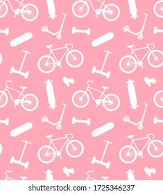 Vector seamless pattern of white bicycle skateboard roller scooter and summer activities sport silhouette isolated on pink background