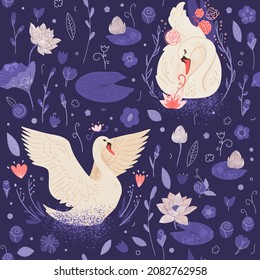 Vector seamless pattern with white birds swans in water lilies, children wallpaper, cute animal theme. Trendy repeat print with birds, cute child design for clothes, print for fabrics, textiles.