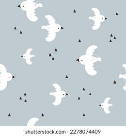 vector seamless pattern with white birds in the sky, adorable textile design for children