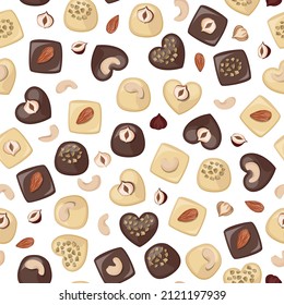 Vector seamless pattern. White and black chocolate candies with nuts.