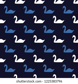 Vector seamless pattern of white and blue swans on dark background. 