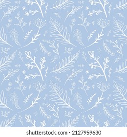 Vector seamless pattern with white botanical ornament and blue background. Cute spring background with leaves. Vector illustration for fabric, wrapping paper, background, book, postcard, souvenirs