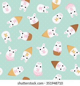 Vector seamless pattern with white bunny with heart and star, ice cream, cake and tea cups. Abstract flat vintage design.