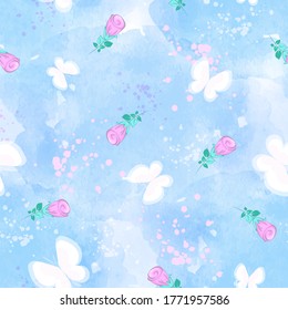 Vector seamless pattern with white butterflies and delicate rosebuds on a blue watercolor background. Summer backdrop.