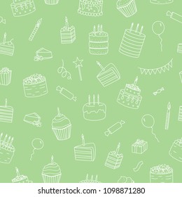 Vector seamless pattern of white cakes with candles. Birthday repeat backdrop. Monochrome repeat texture of sweet bakery goods. Bright drawing of Birthday cakes, candies, balloons, presents, confetti