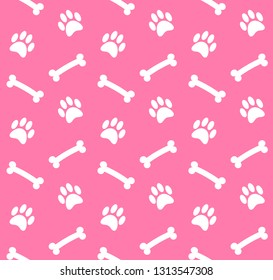 Vector seamless pattern of white cartoon dog paw foot print and bones isolated on pink background 