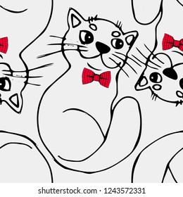 Vector seamless pattern with white cat and red bow. 3