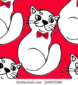 Vector seamless pattern with white cat and red bow. 4