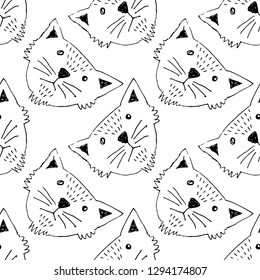 Vector seamless pattern with white cat. Hand drawn illustration of kitten  5